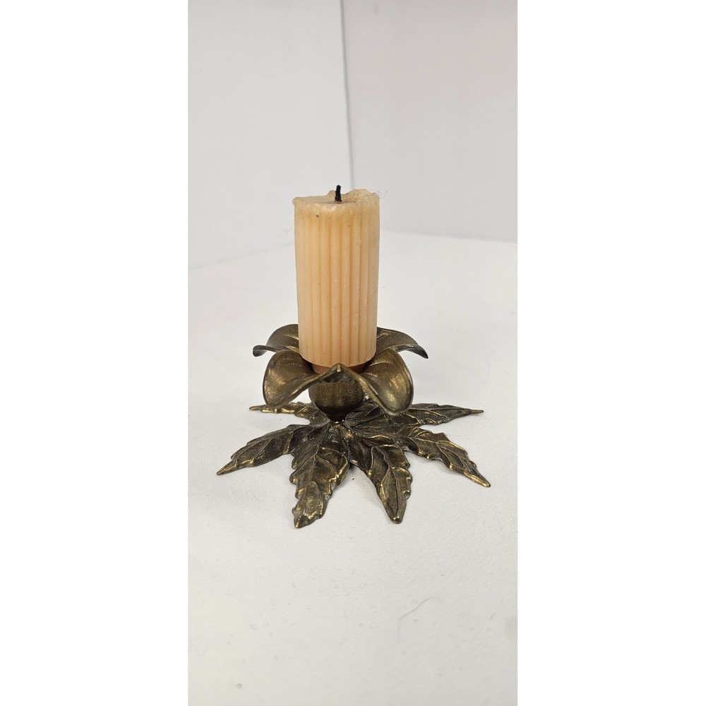 Vintage Made In Italy Brass Flower‎ Candlestick Holder Floral Leaf Cottage Decor